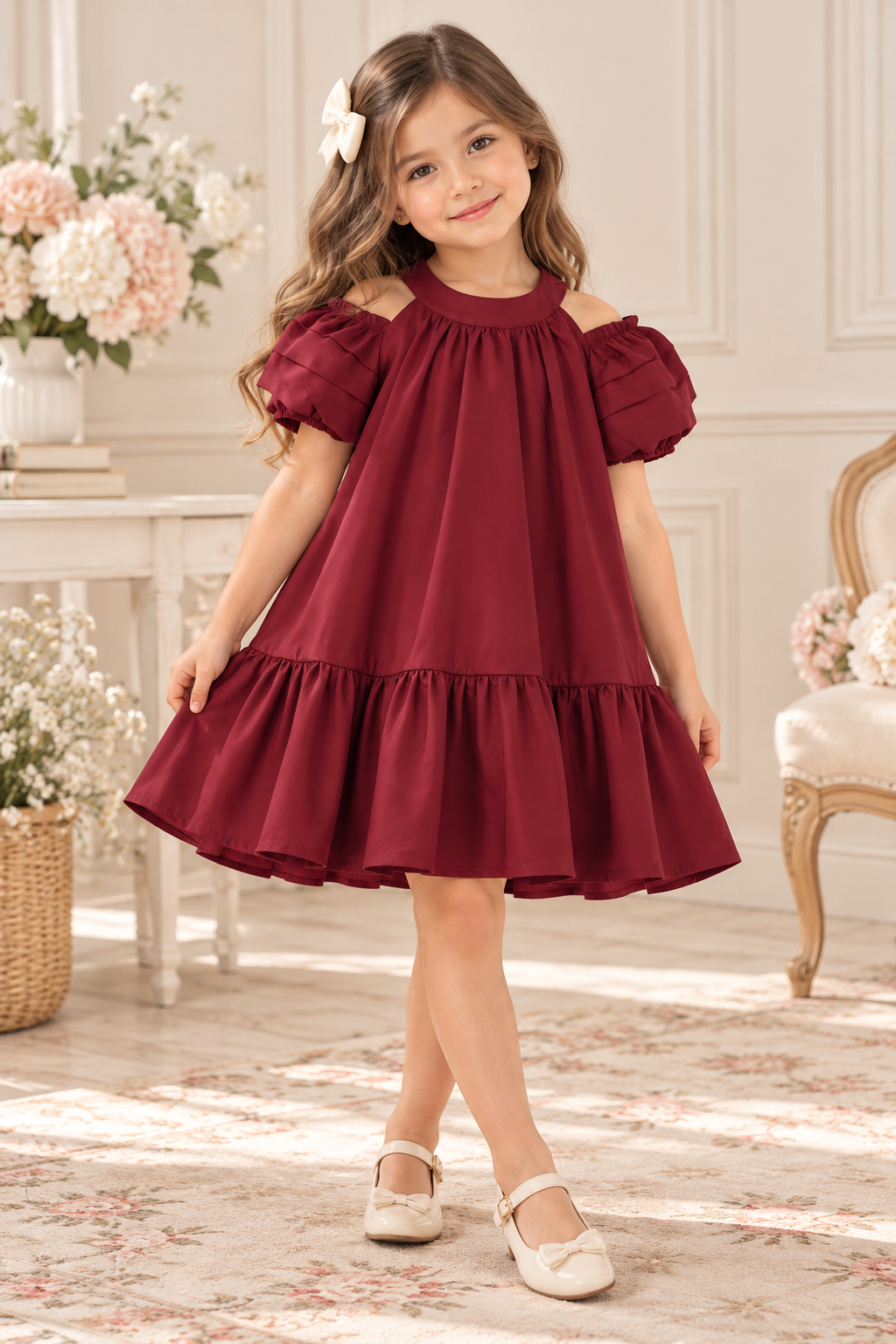 Vestido casual suelto color rojo vino , detalle de abertura en manga estilo abombado