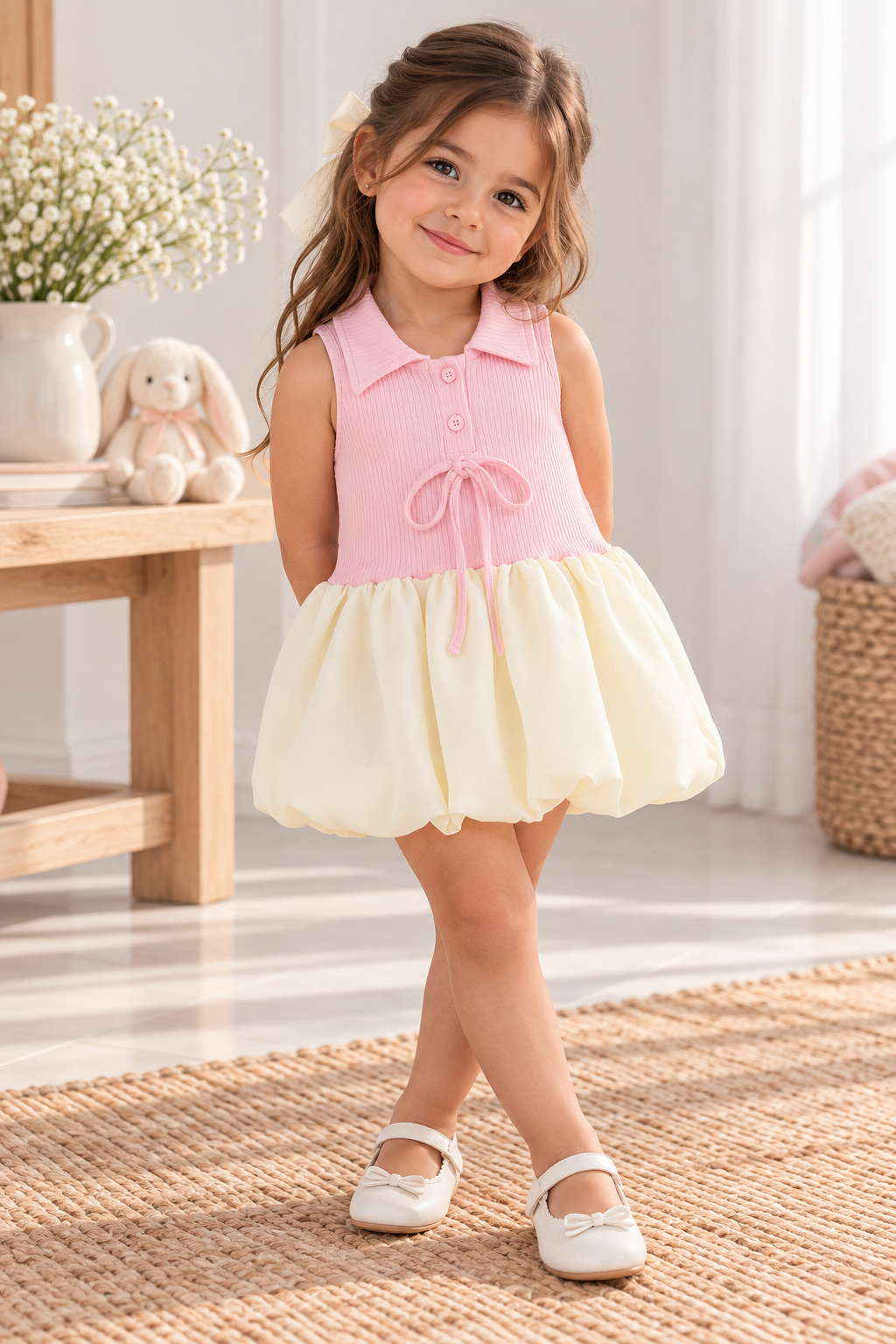 Vestido casual bicolor rosa con color crema detalle de cuello y falda globo