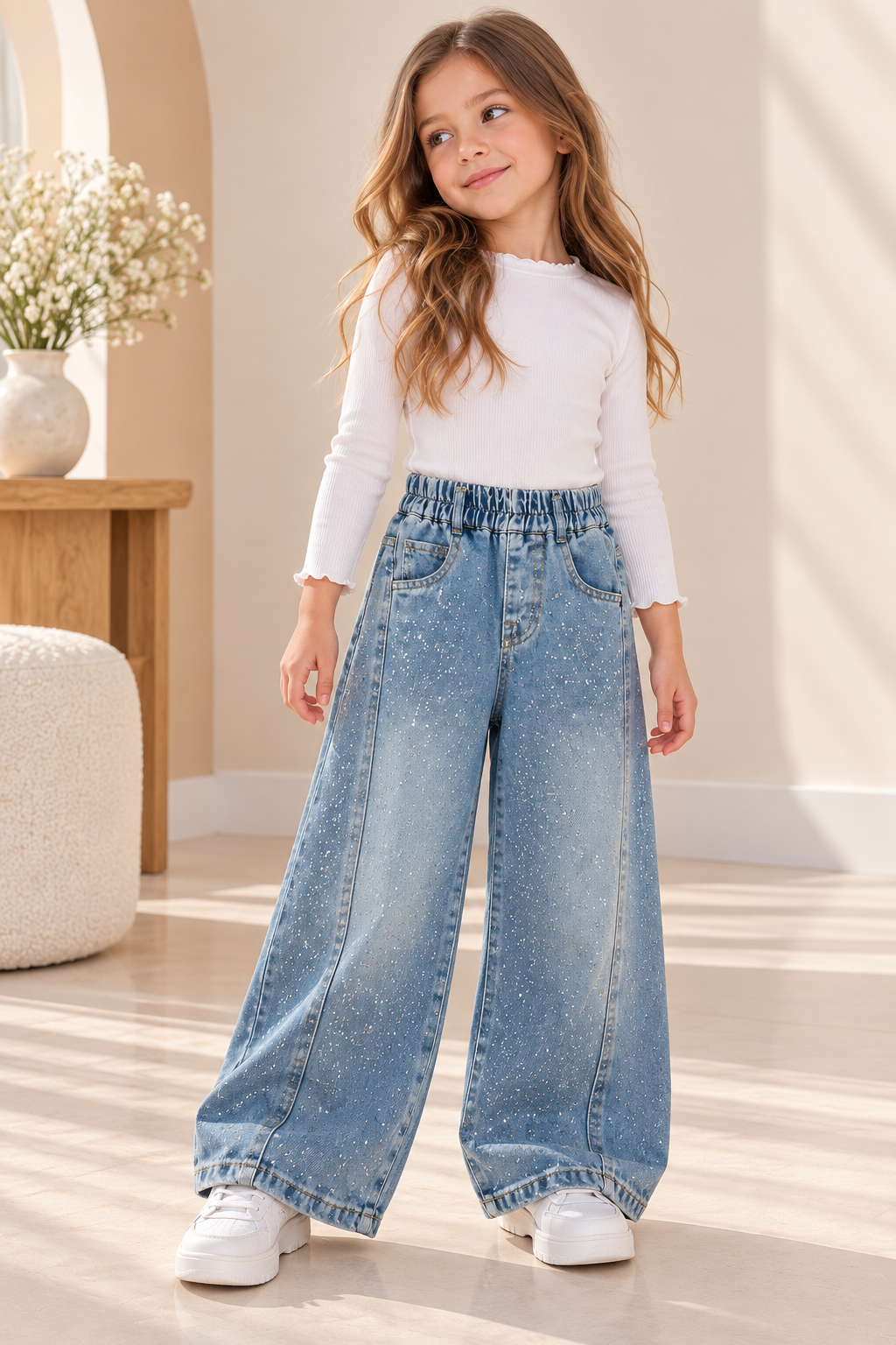 Pantalón de jeans estilo overside con detalle de brillos  ( no incluye cinto )