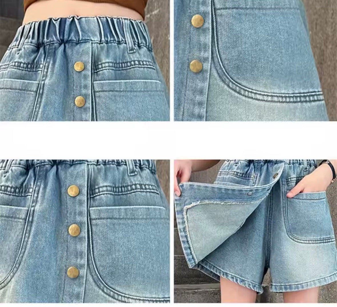 Short pollera de jeans detalle de bolsillos delanteros y botones dorados