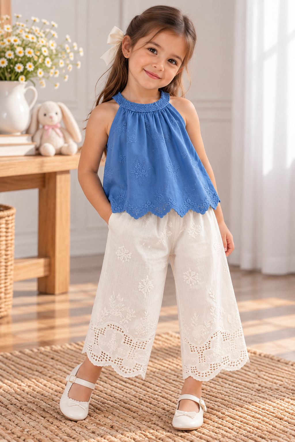 Conjunto palazo blanco con blusa azul detalles de bordado en hilo