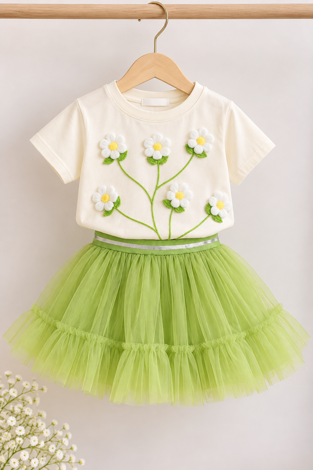 Conjunto de tutu verde con remera de algodón beige con detalles de flores en 3D