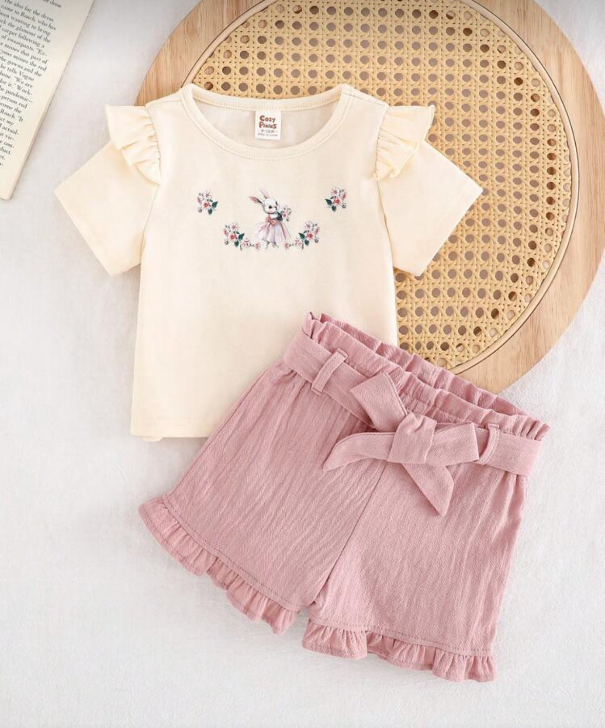 Conjunto short rosa con remera de algodón para bebés 1a3 años