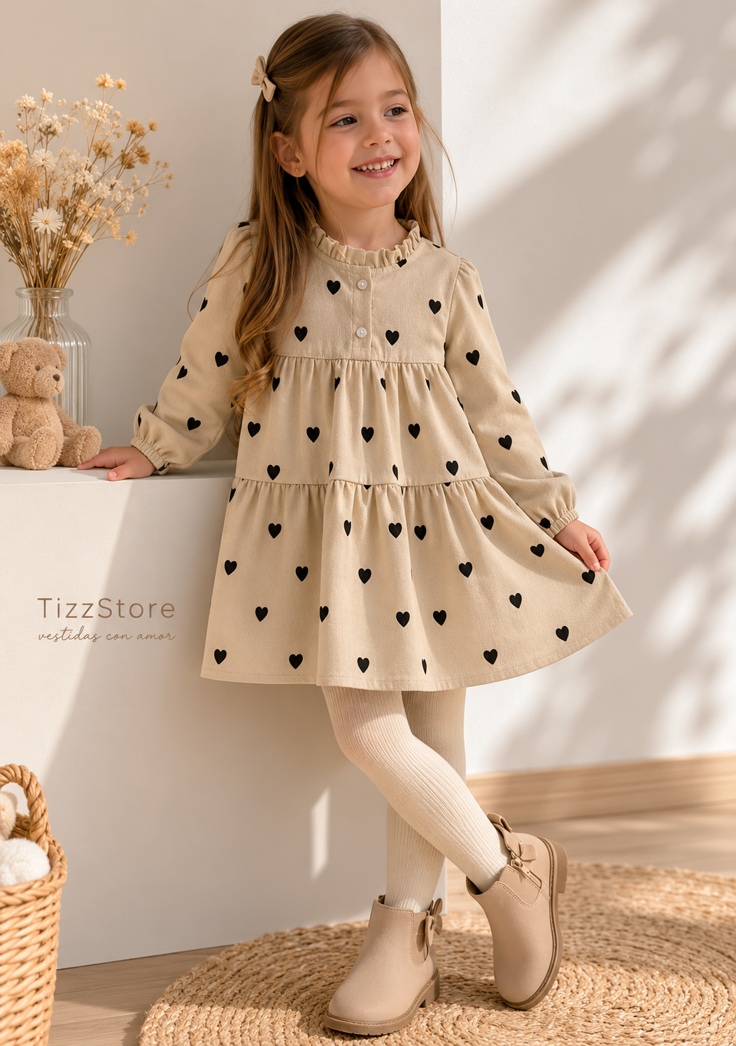 Vestido mangas largas suelto beige con detalles de corazones negros