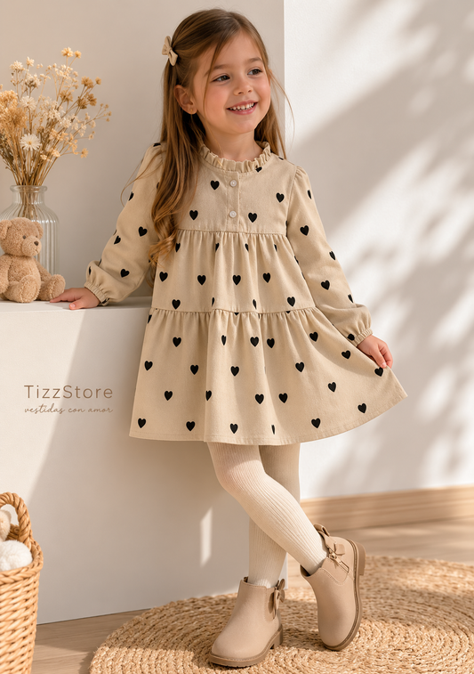 Vestido mangas largas suelto beige con detalles de corazones negros