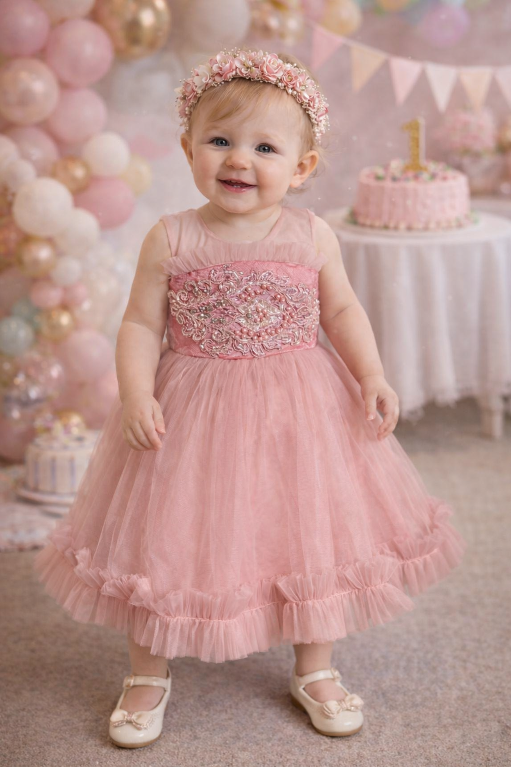 Vestido elegante rosa viejo con detalles de bordado , perlas canutillos y tul