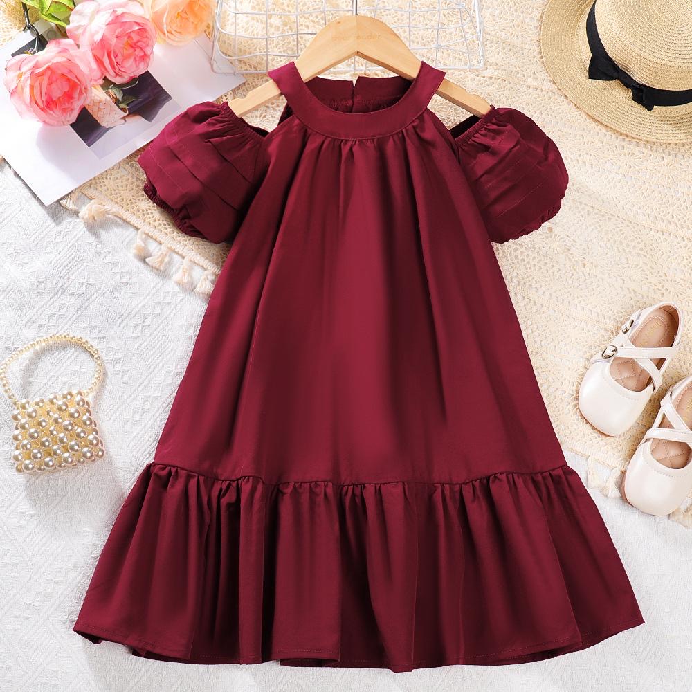 Vestido casual suelto color rojo vino , detalle de abertura en manga estilo abombado