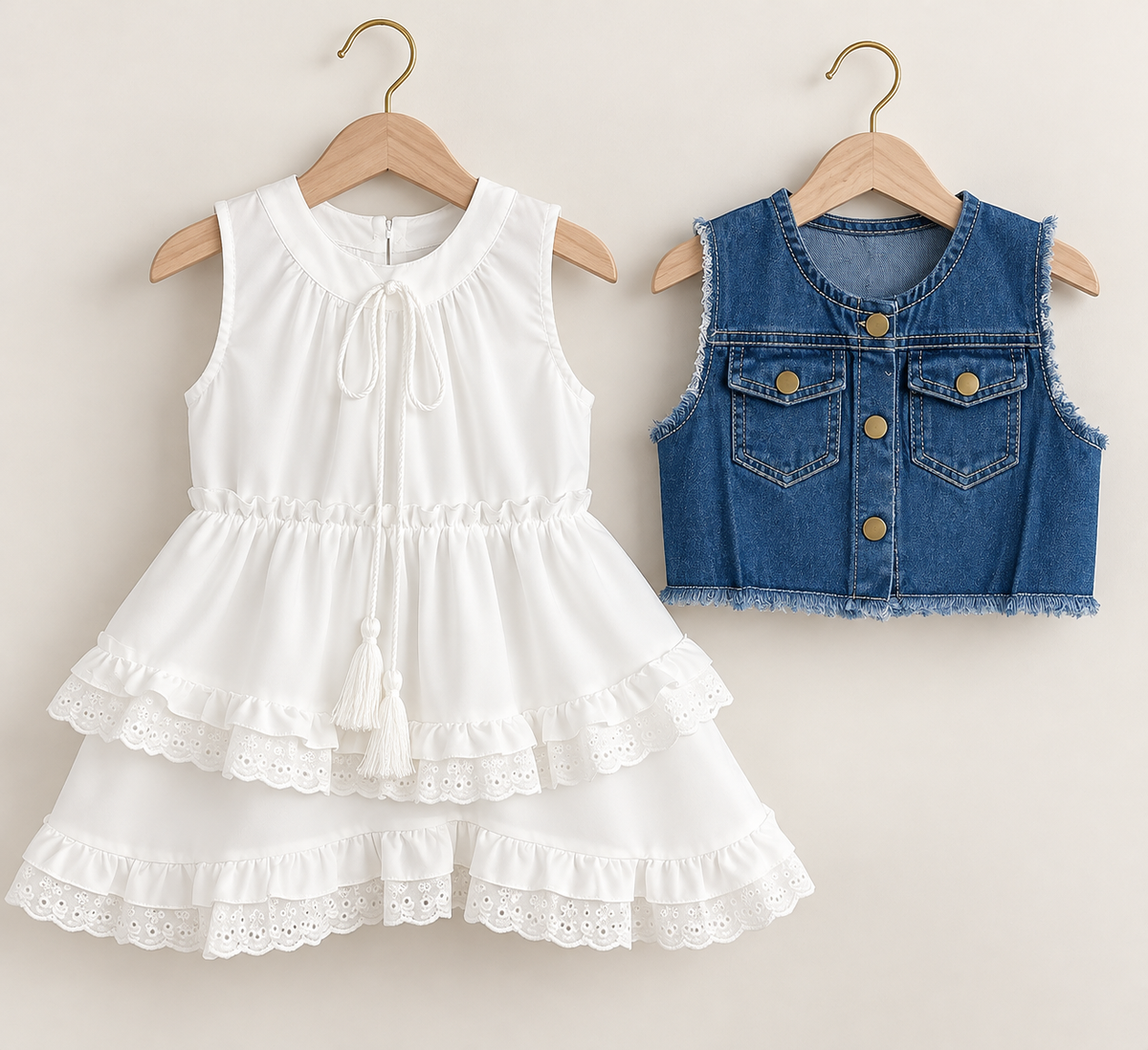 Conjunto vestido blanco con chaleco de jeans detalle de volados en el vestido