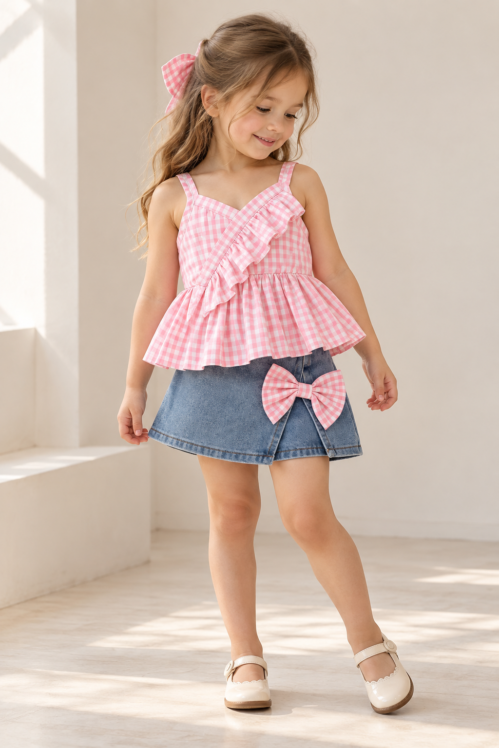 Conjunto de short pollera de jeans con blusa a cuadros rosa con blanco