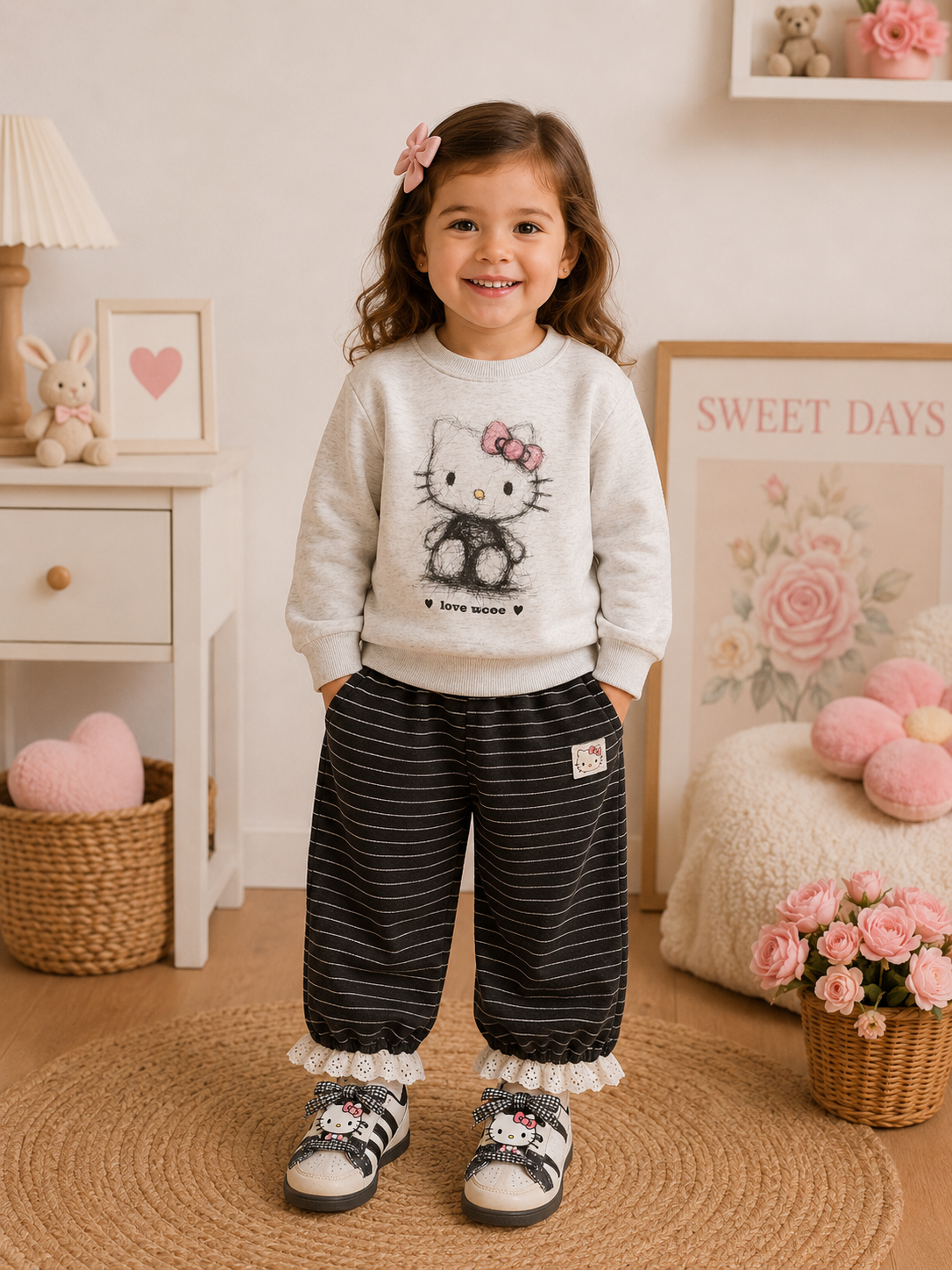 Conjunto de jogger a rayas con abrigo frisados ambos , detalle de hello Kitty