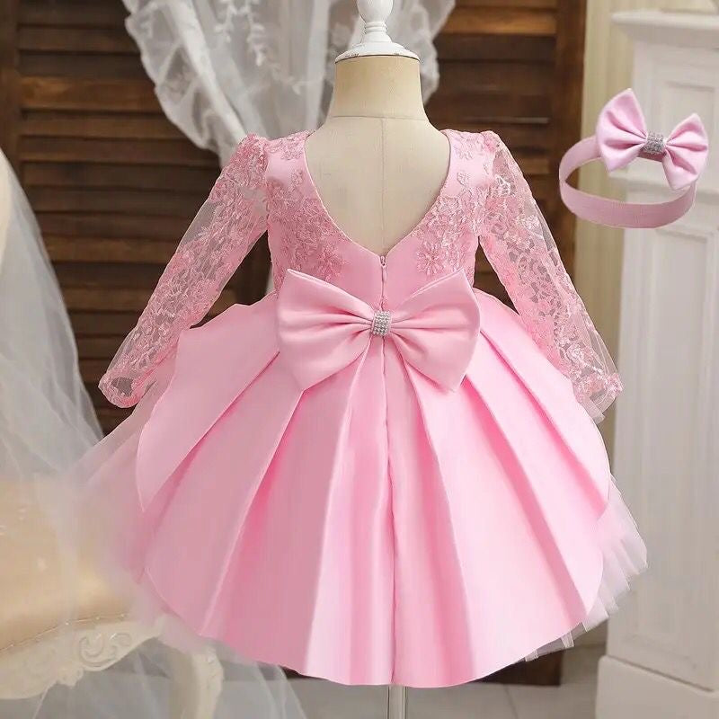 Vestido elegante mangas largas bebé , rosa bebé