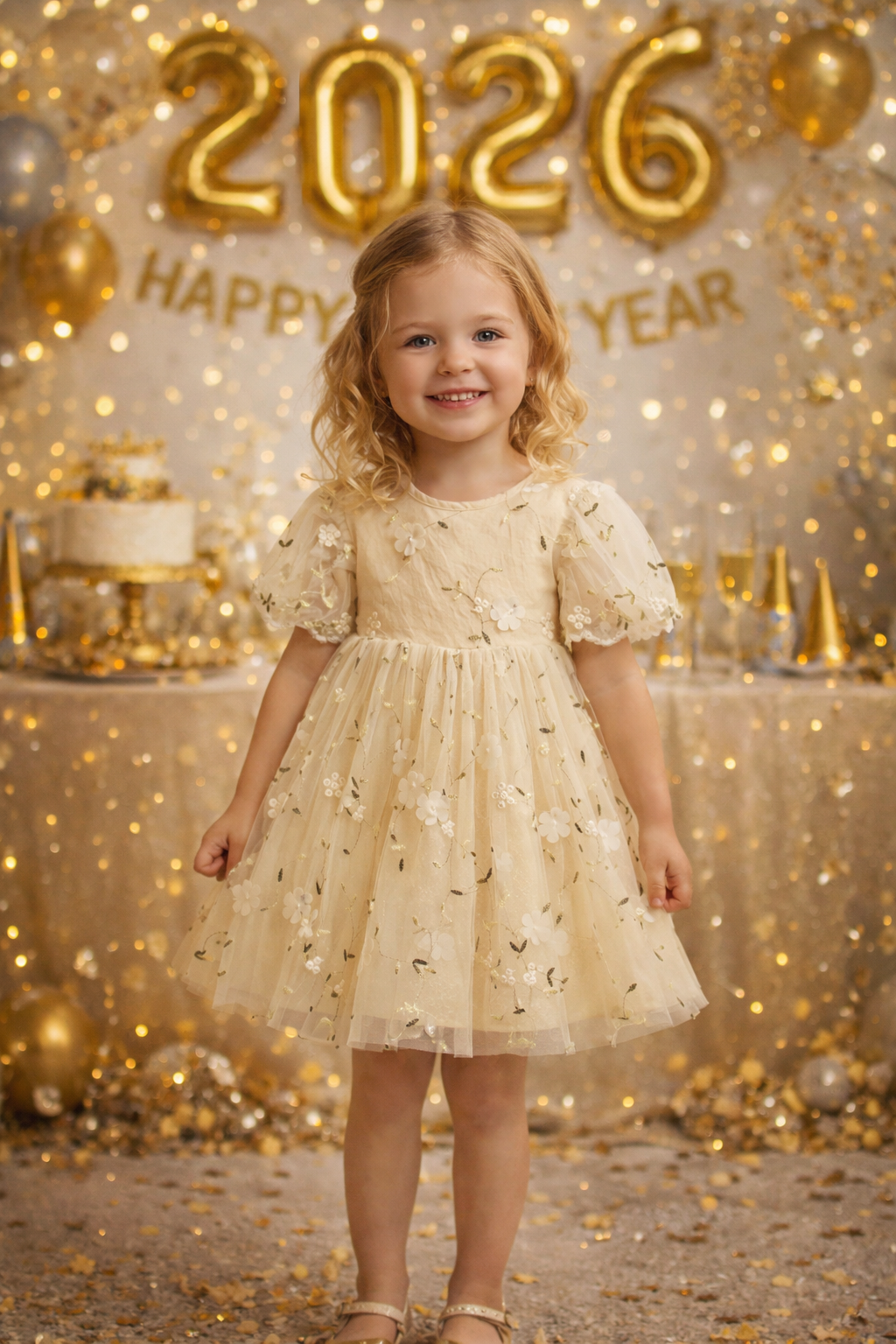 Vestido beige con flores en 3D detalle de manga abullonada