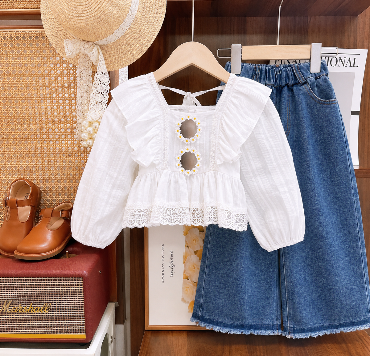 Conjunto pantalón de jeans azul con blusa blanca