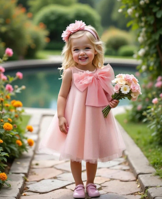 Vestido casual rosa con moño en el cuello
