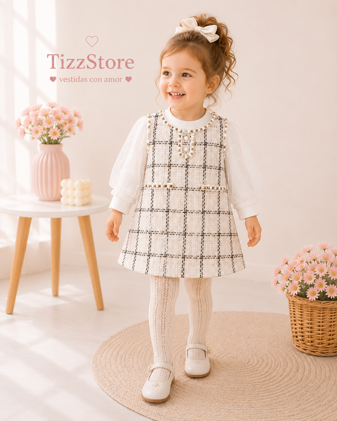 Conjunto vestido a cuadros negro con detalles en dorado y mangas largas blanco