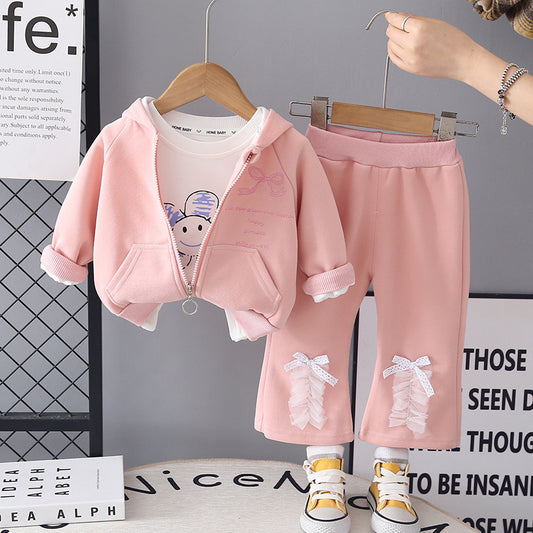 Conjunto de 3 piezas , abrigo con capucha , masngas largas y pantalón con corte Oxford detalles de moños