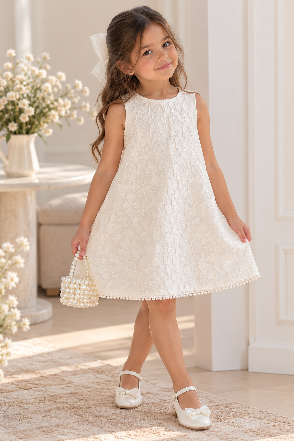 Vestido blanco casual con detalles de corazones y perlas