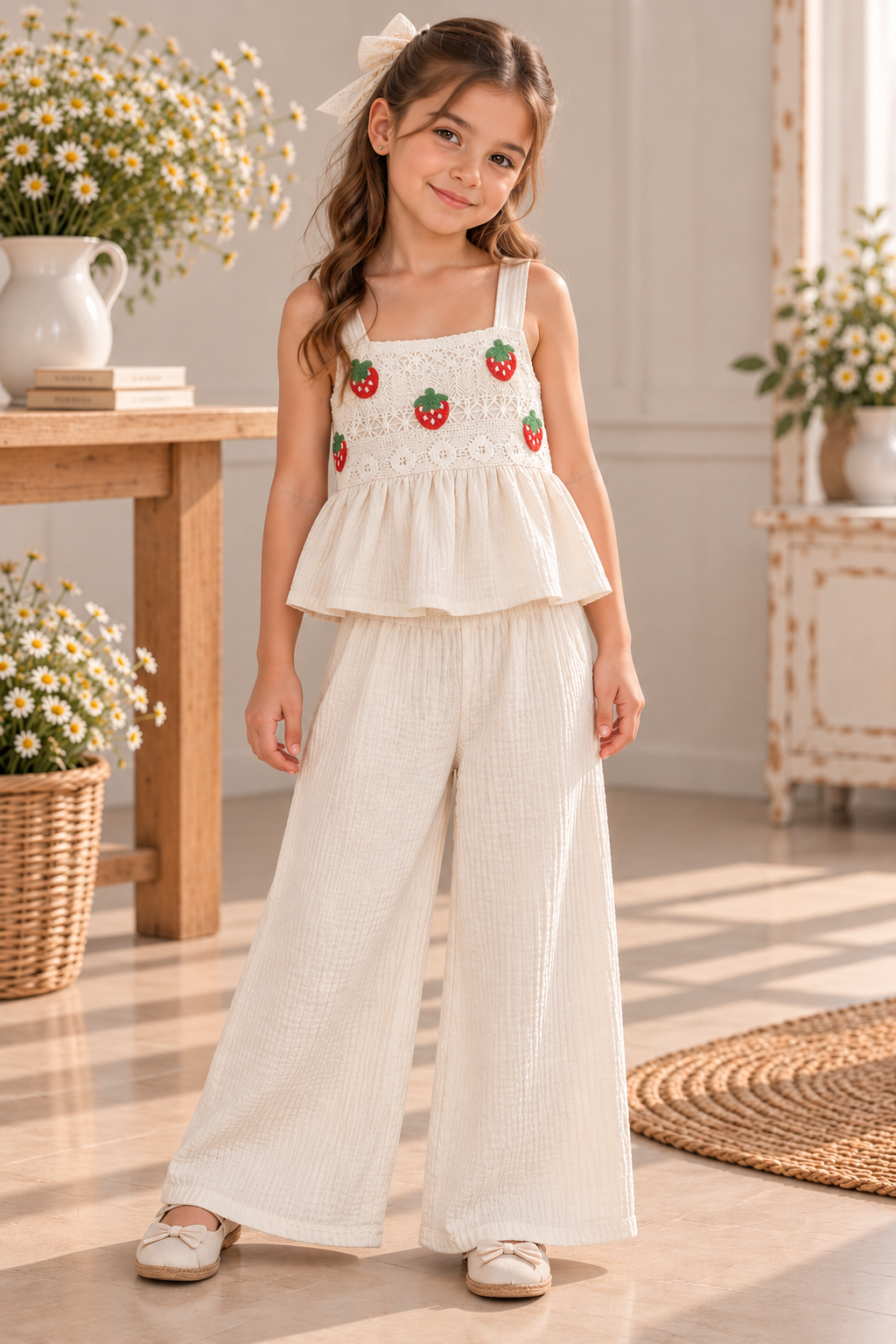 Conjunto pantalón palazo con blusa  beige, detalles de frutilla y bordado tela de algodón