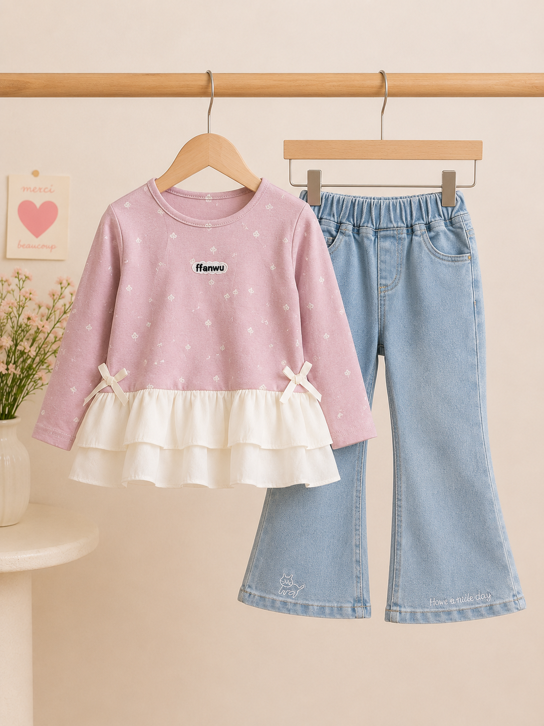 Conjunto pantalón de jeans estilo Oxford con mangas largas rosa
