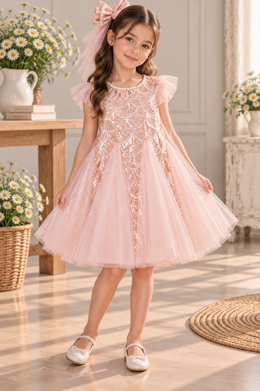 Vestido elegante en color rose detalles de lentejuelas en forma de escamas