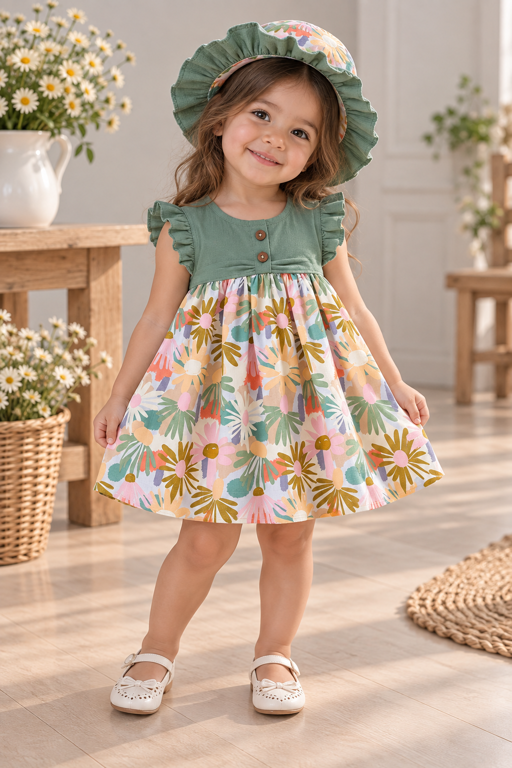 Vestido casual estampado floral y verde olivo en el pecho incluye sombrero