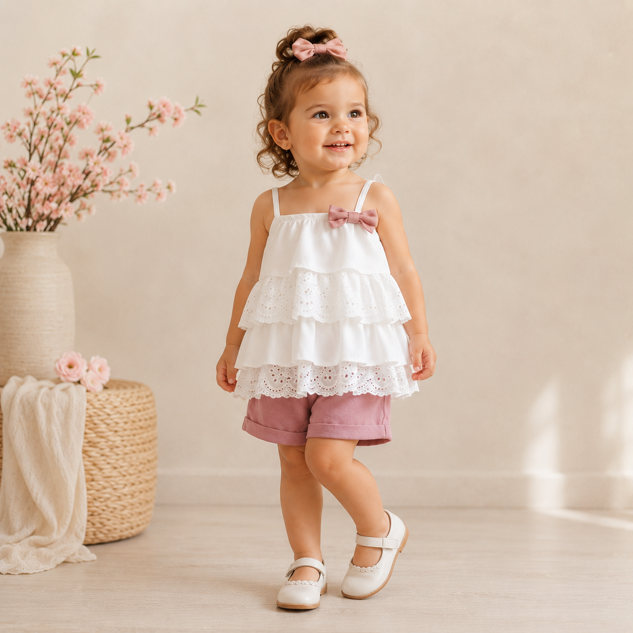 Conjunto short de algodón cintura agomada con blusa blanca sin manga