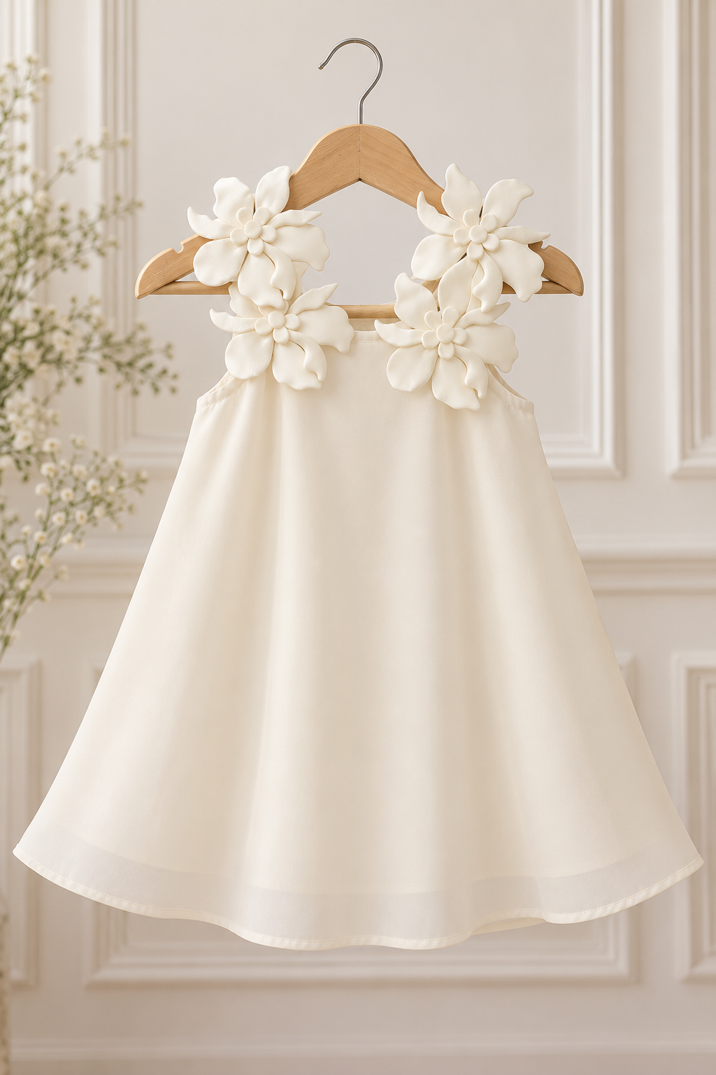 Vestido casual suelto tono crema marfil con detalle de flores en 3D en la tira
