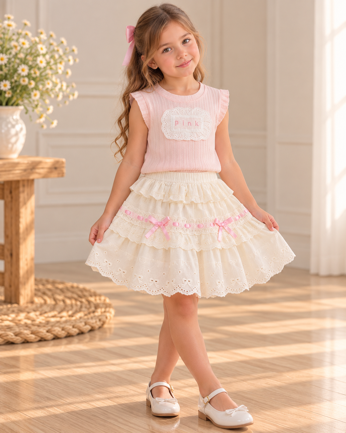 Conjunto pollera marfil forro short con blusa sin manga rosa detalle de broderie y moños