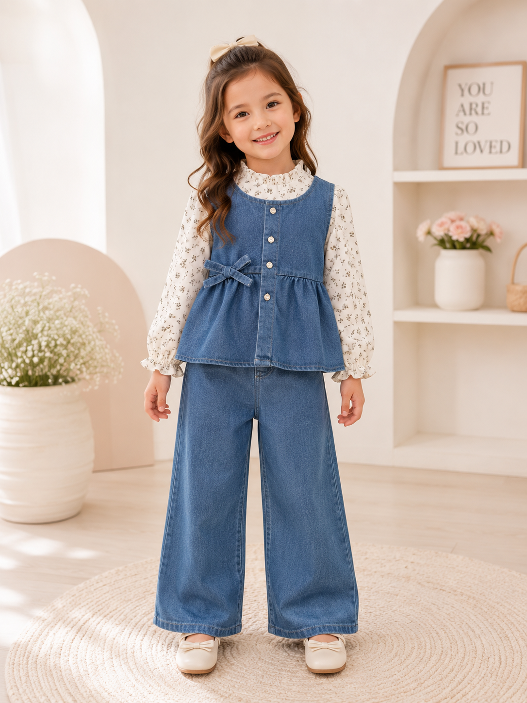 Conjunto de 3 piezas pantalón de jeans con mangas largas estampado de flores y chaleco de jenas color azul oscuro