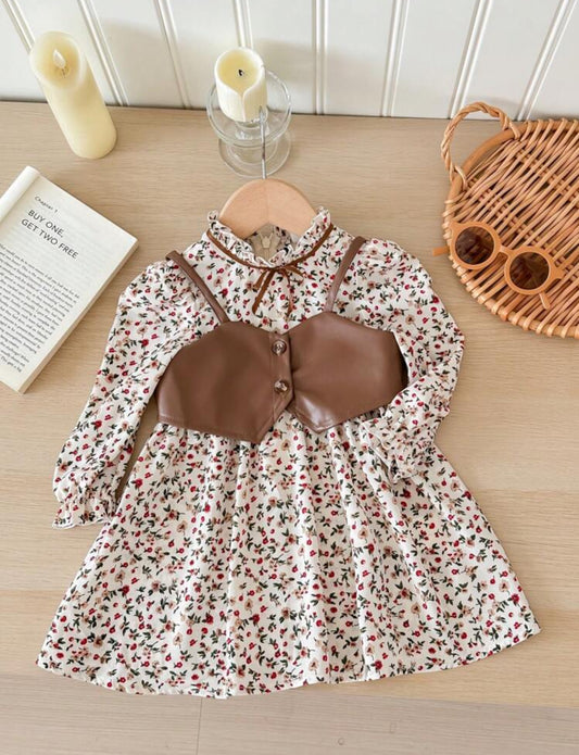 Conjunto vestido mangas largas más chaleco de cuerina