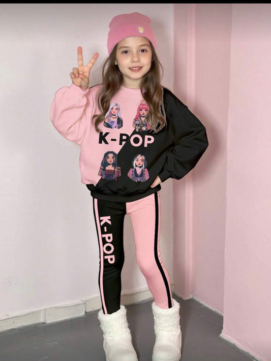 Conjunto abrigo con calza rosa con negro estilo k-pop