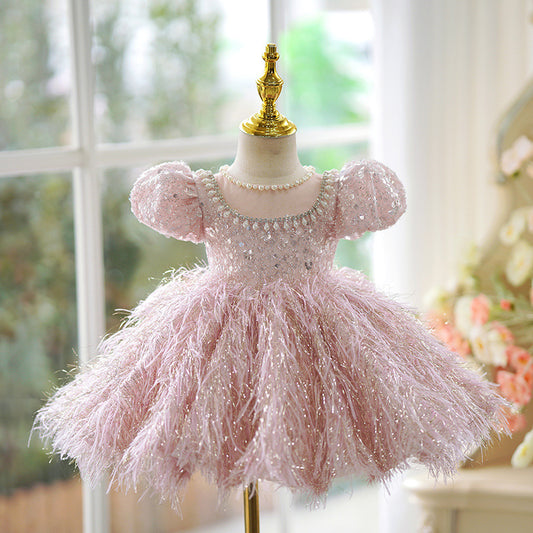 Vestido elegante rosa , con perlas y lentejuelas , espalda abierta