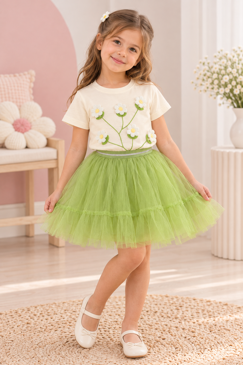 Conjunto de tutu verde con remera de algodón beige con detalles de flores en 3D