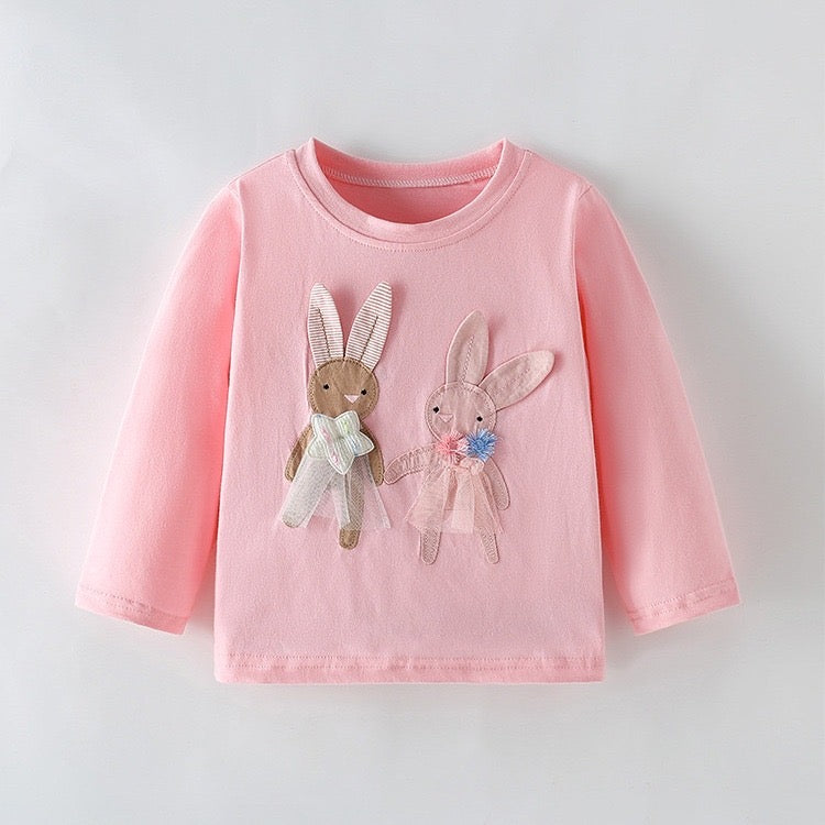 Mangas largas rosa con detalle de conejitos , 100% algodón