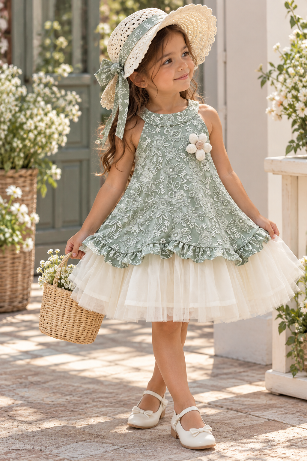 Vestido casual bicolor verde con detalles de bordados en blanco y falda de tul incluye sombrero