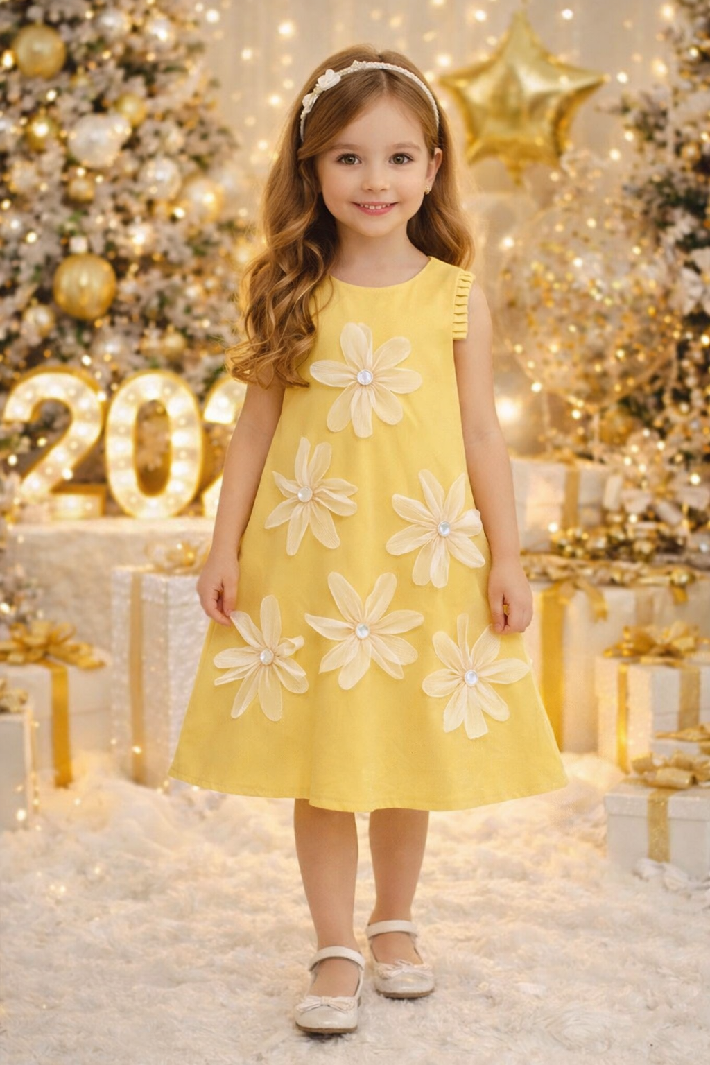 Vestido amarillo con flores en 3D  detalles de manguita