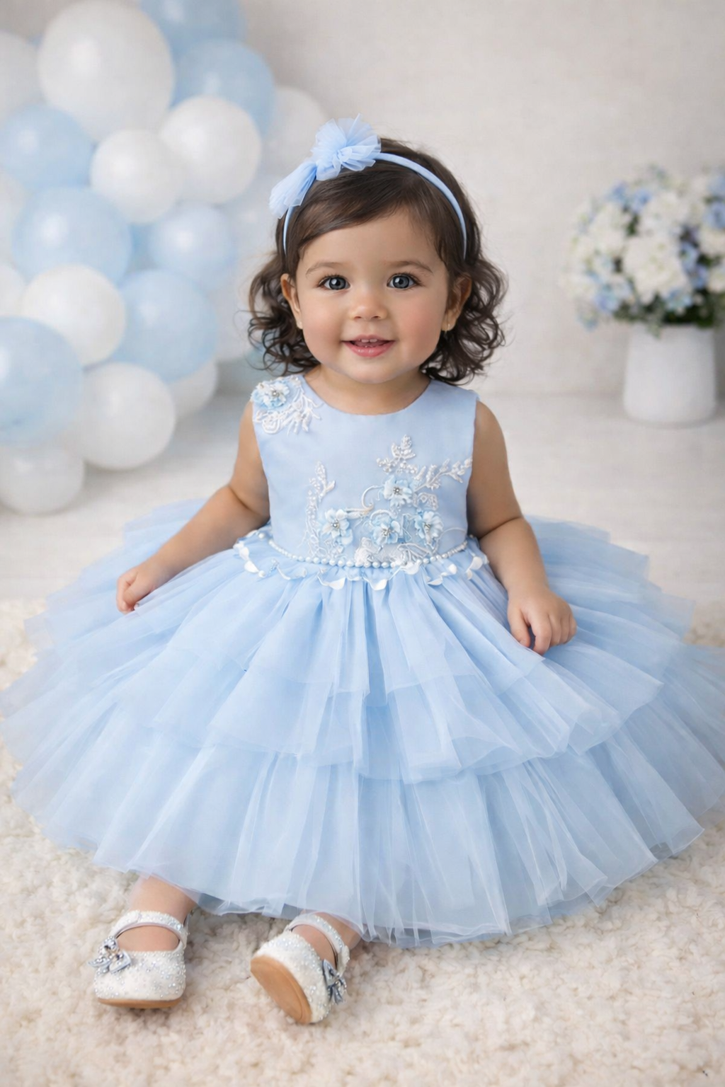 Vestido elegante celeste detalles de perlas y bordado