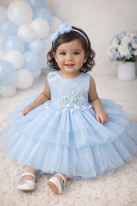 Vestido elegante celeste detalles de perlas y bordado