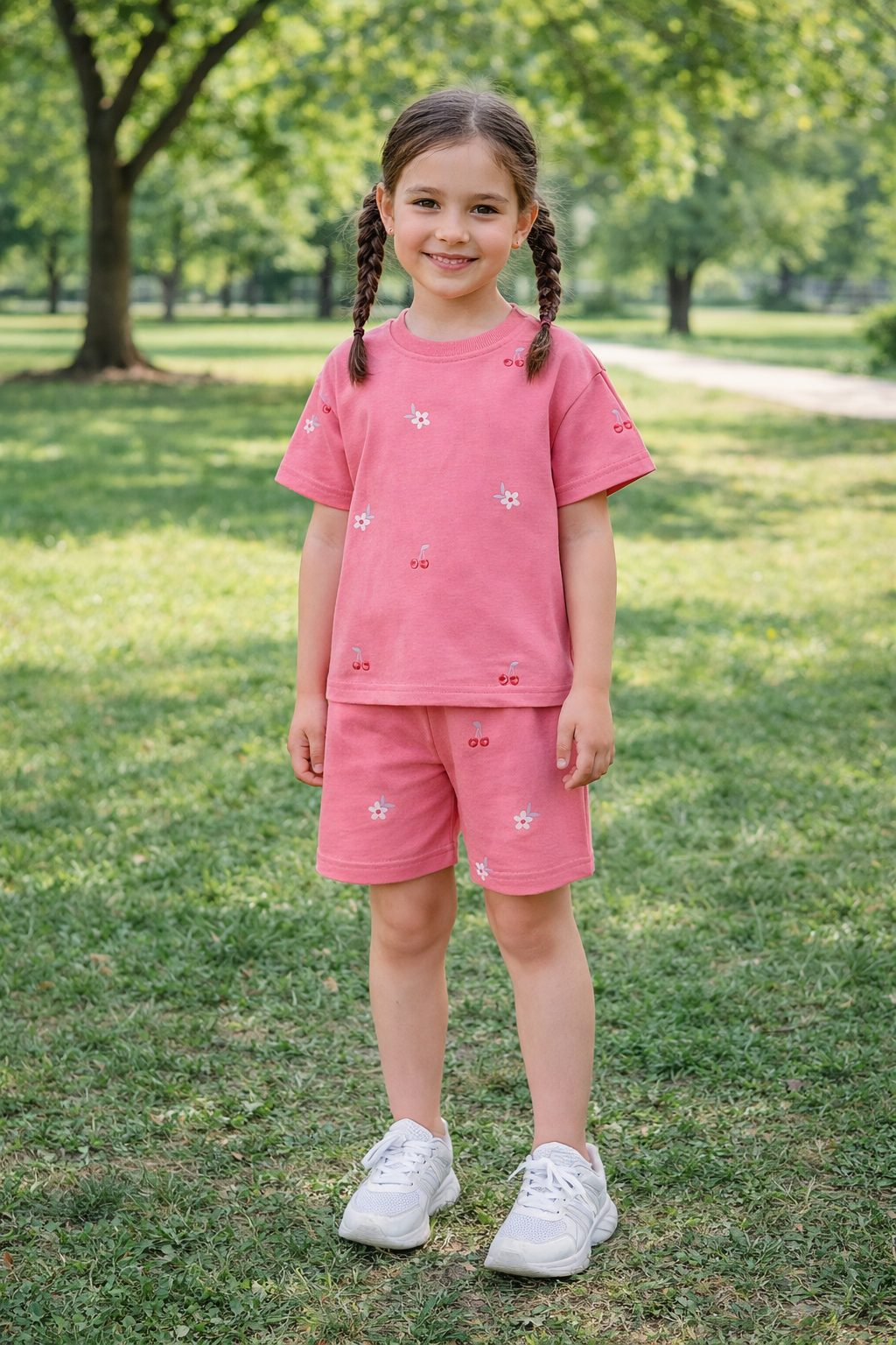 Conjunto de algodón , en color rosa oscuro detalle de flores