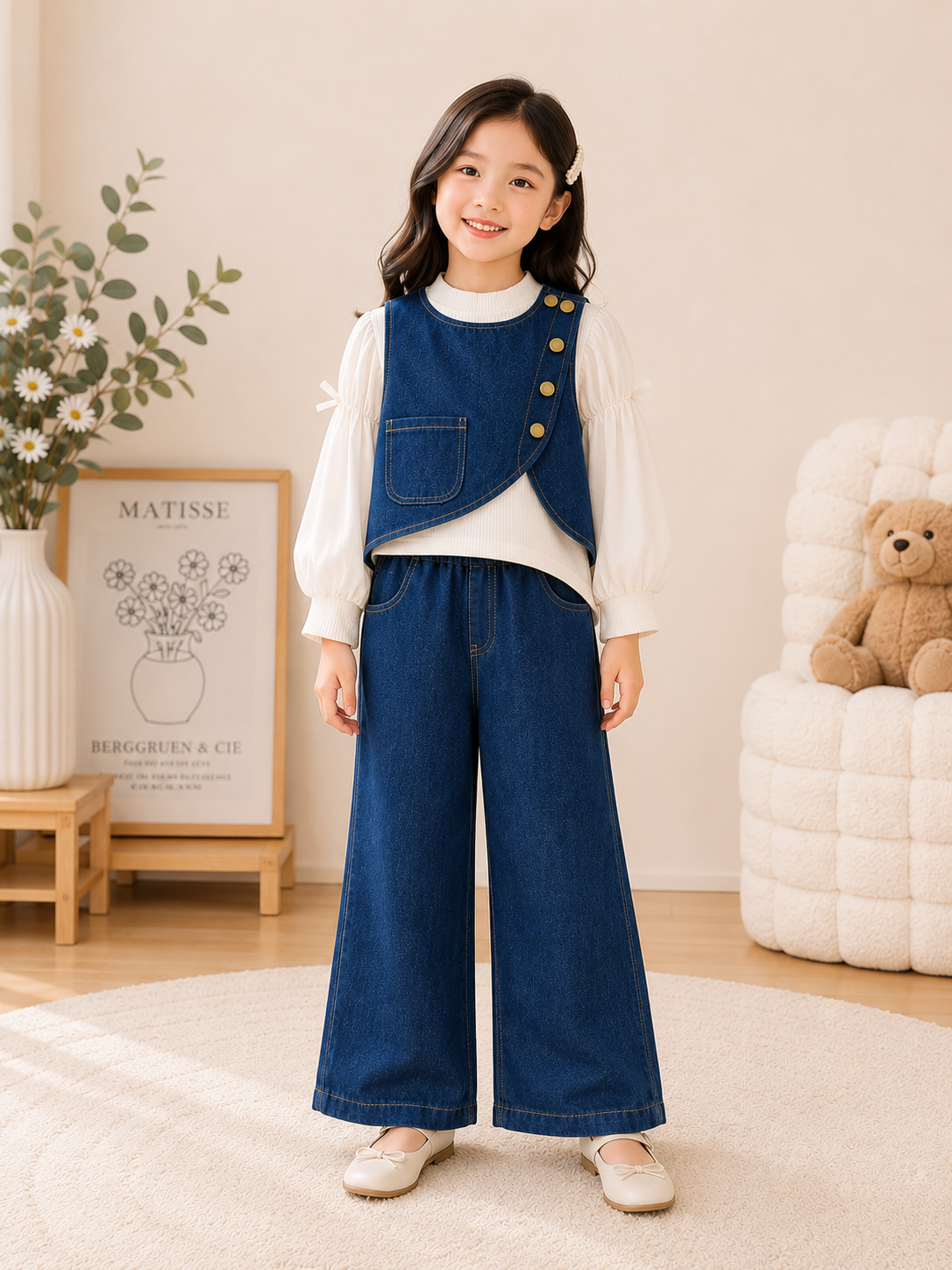 Conjunto de tres piezas , pantalón de jeans mangas larga beige claro y chaleco de jeans detalle cruzado y bolsillos