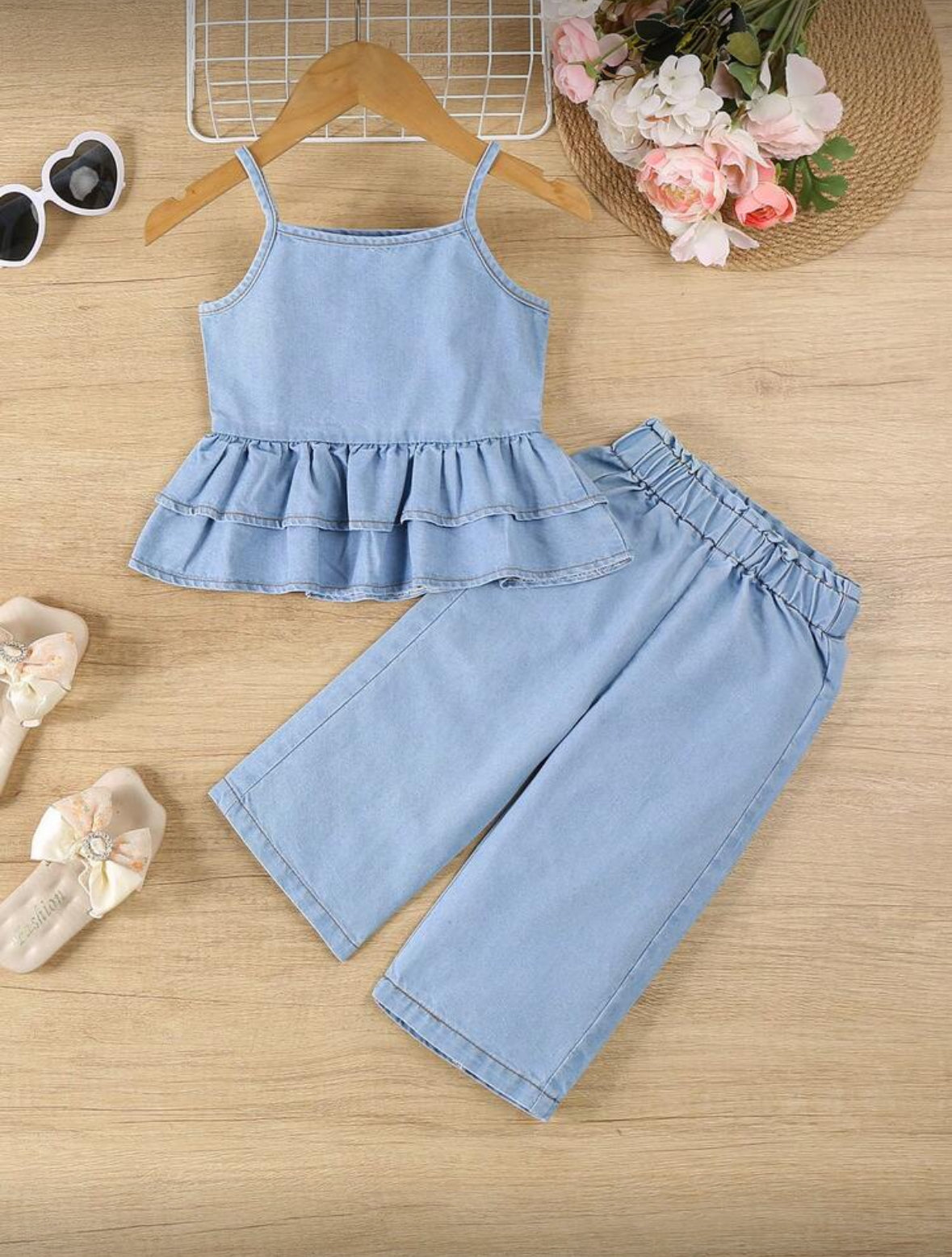 Conjunto pantalón con blusa de Jeans celeste claro bebés de 1 a 3 años