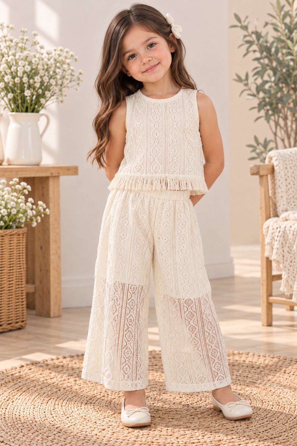 Conjunto color crema pantalones estilo palazo con blusa sin manga detalle de flecos