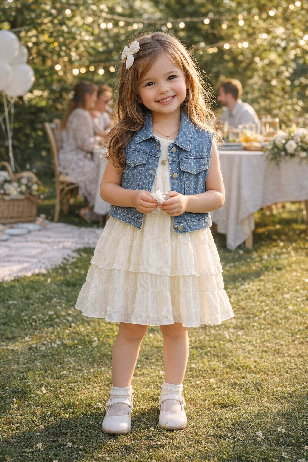 Vestido beige en capas con chaleco de jeans detalles de mitad