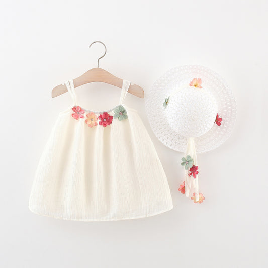 Vestido casual beige con flores y sombrero incluido