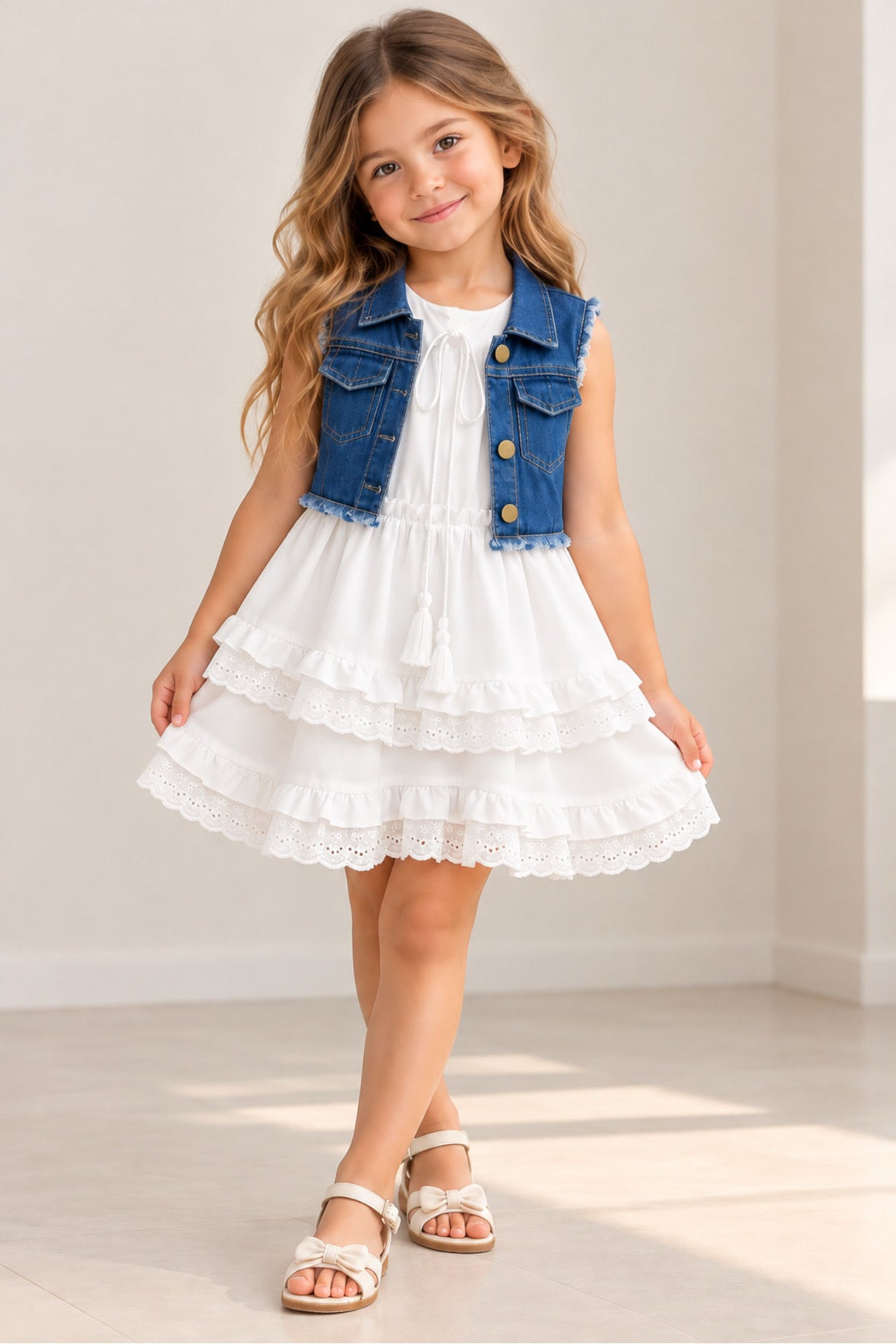 Conjunto vestido blanco con chaleco de jeans detalle de volados en el vestido
