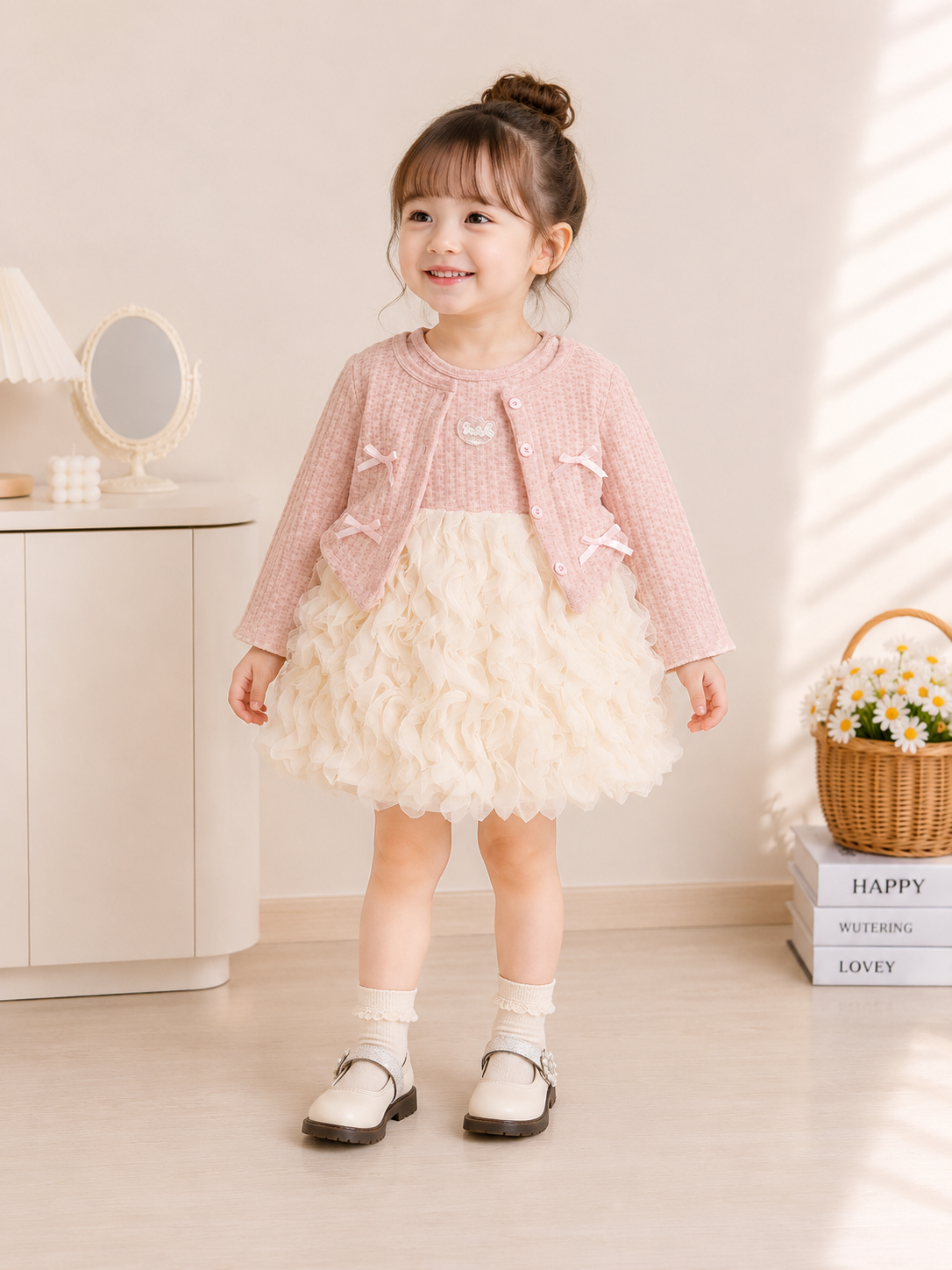 Conjunto vestido con abriguito rosa con detalles de moños