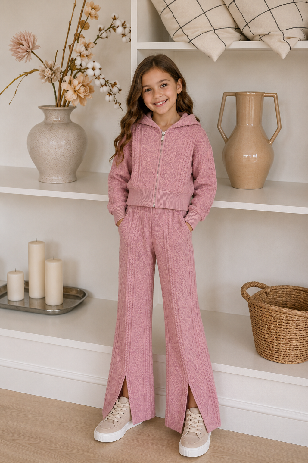 Conjunto pantalón buzo rosa vieja corte Oxford con abrigo detalle de capucha y bolsillo