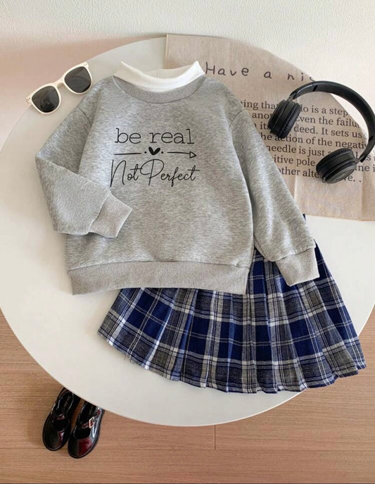 Conjunto abrigo con falda a tablas cuadrilla azul con gris