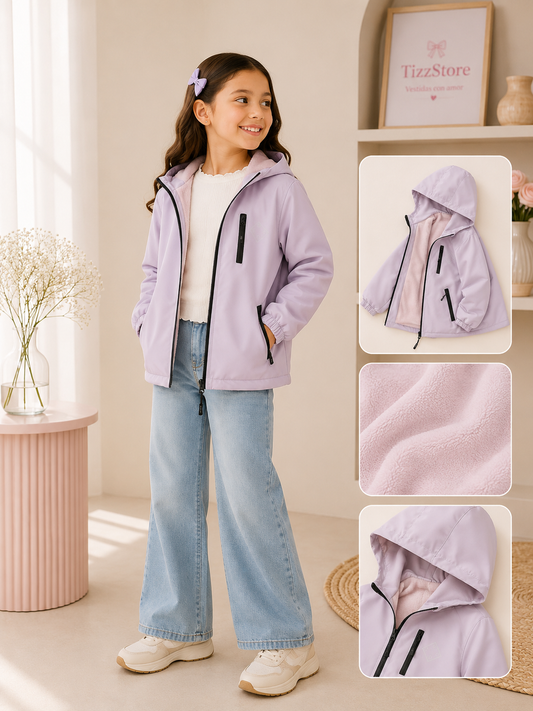 Campera rompe viento color lila  frisado por dentro detalles de bolsillos