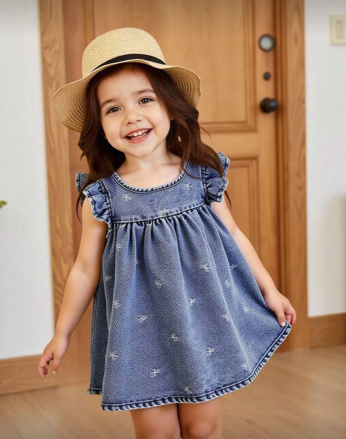Vestido de jeans con detalle de moñitos bordados